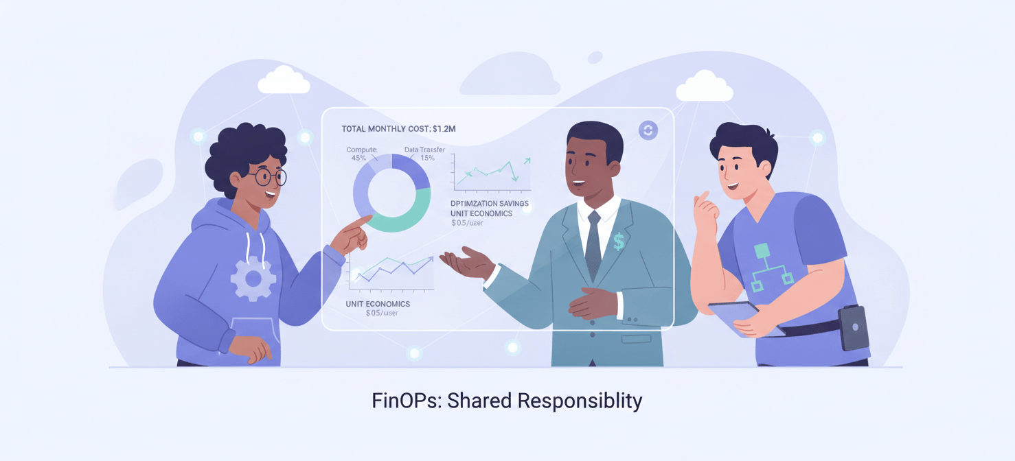 An illustration showing engineering, finance, and operations teams collaborating around a shared digital dashboard, symbolizing a FinOps culture where different departments work together on cloud cost management.