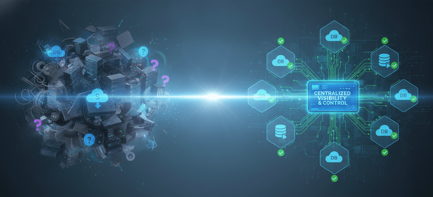 An illustration showing how monitoring tools transform chaotic, hidden IT environments into clear, manageable systems. Disparate and unsanctioned cloud services and devices are brought into view, consolidating data into a unified dashboard for comprehensive oversight and control.