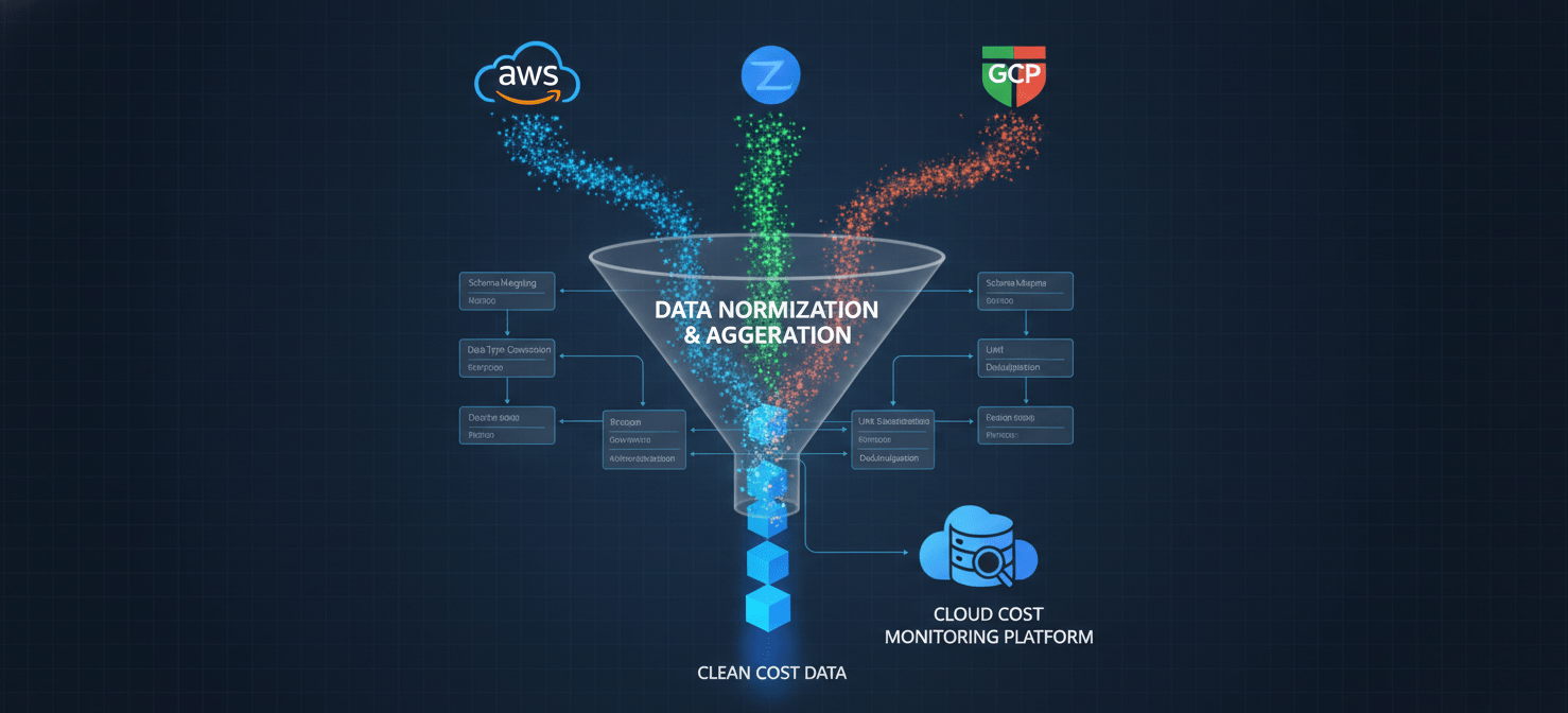 An illustration showing the aggregation and normalization of cost data, with streams from AWS, Azure, and GCP flowing into a central system that standardizes and unifies the information for a single source of truth.