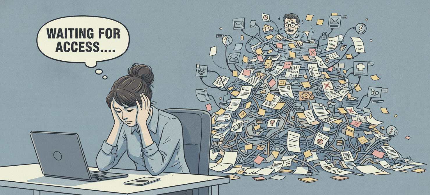 An illustration showing the common pitfalls of manual IT onboarding, with a new employee waiting for access and an IT professional overwhelmed by paperwork and manual tasks, leading to delays and errors.
