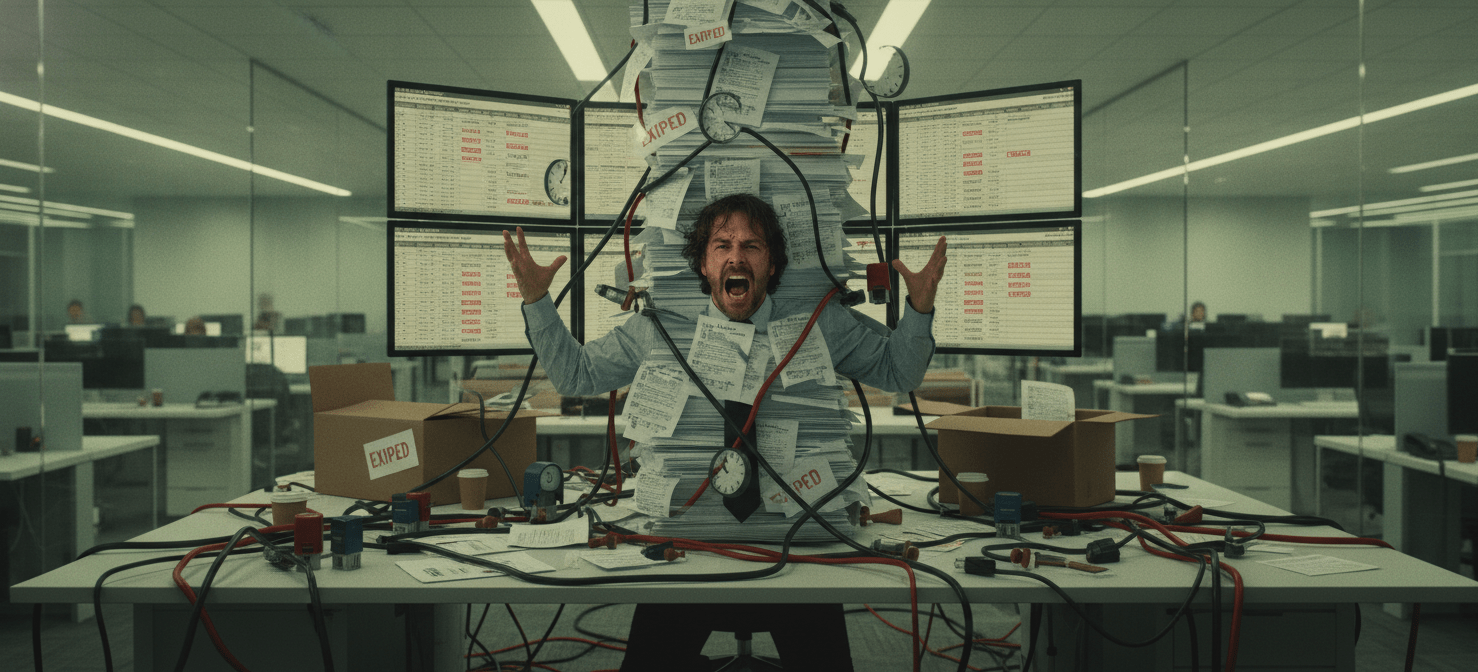 An illustration showing the pitfalls of manual license tracking for a growing organization. A person is overwhelmed by a large pile of physical licenses and confusing digital spreadsheets, with symbols of missed deadlines and compliance risks, representing the challenges of managing licenses without a centralized system.