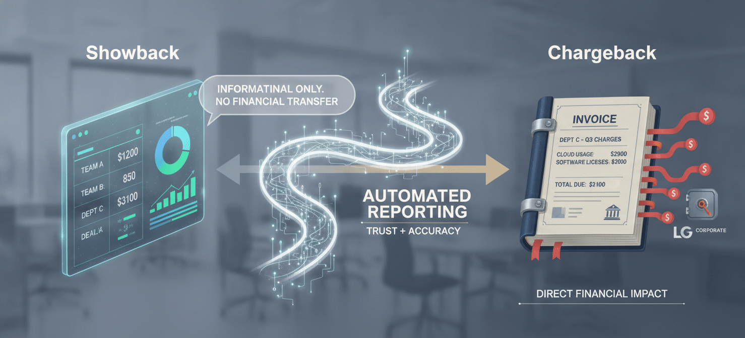 An illustration showing the progression from showback to chargeback in FinOps, with automated reporting acting as the bridge, enabling organizations to move from cost visibility to full financial accountability.