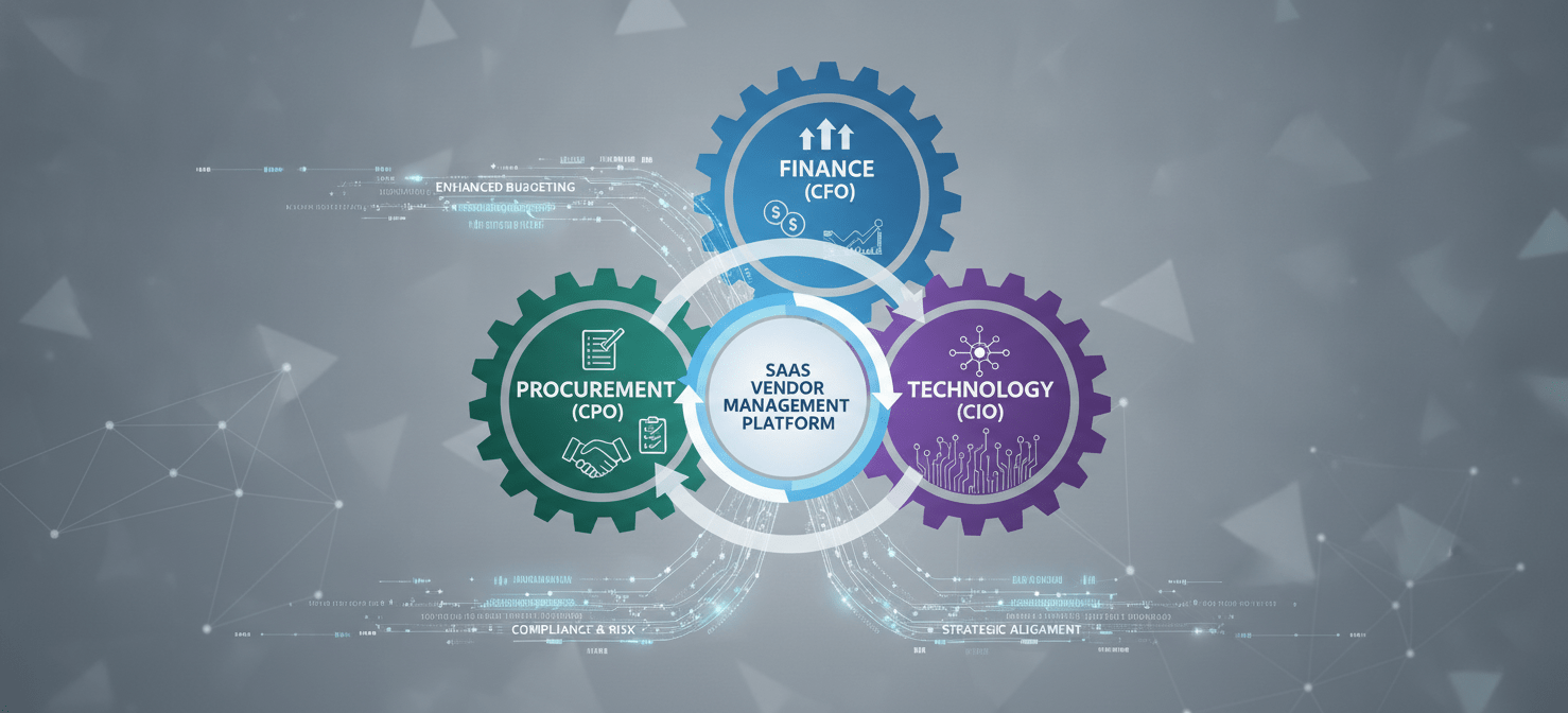 An illustration showing three interconnected gears representing Finance (CFO), Procurement (CPO), and Technology (CIO), all revolving around a central SaaS vendor management platform. This visual emphasizes cross-functional alignment, enhanced budgeting, and strengthened compliance through integrated strategic financial planning.