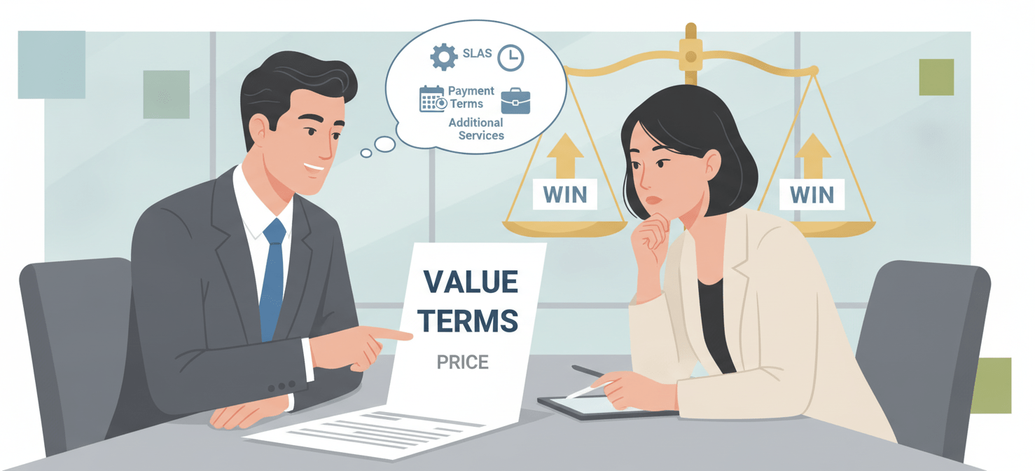 An illustration showing two professionals engaged in negotiation, emphasizing discussions around non-price value such as improved Service Level Agreements (SLAs), extended payment terms, or additional services, rather than solely focusing on the price.