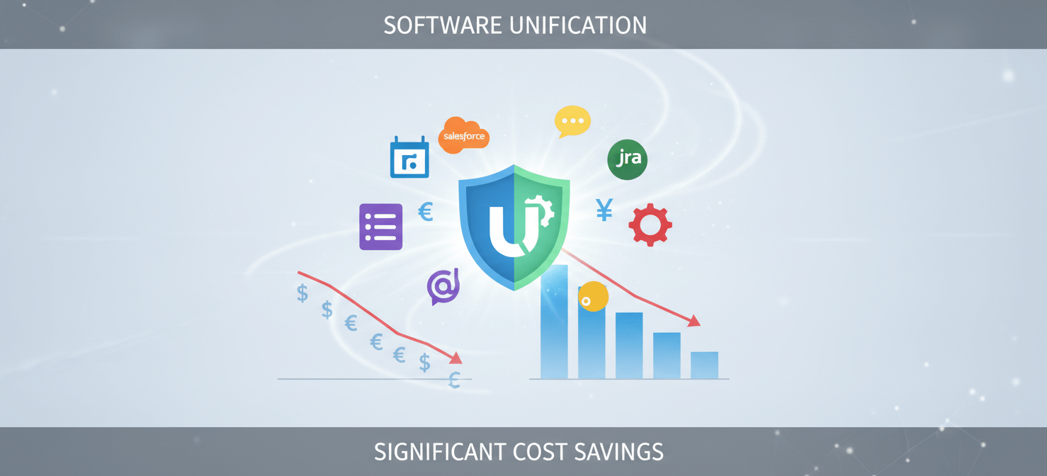 An illustration showing various distinct application icons merging into a single, unified, and more powerful icon, set against a backdrop of reduced financial symbols. This visual represents the strategic consolidation of redundant SaaS tools, leading to increased efficiency and significant cost savings for the organization.