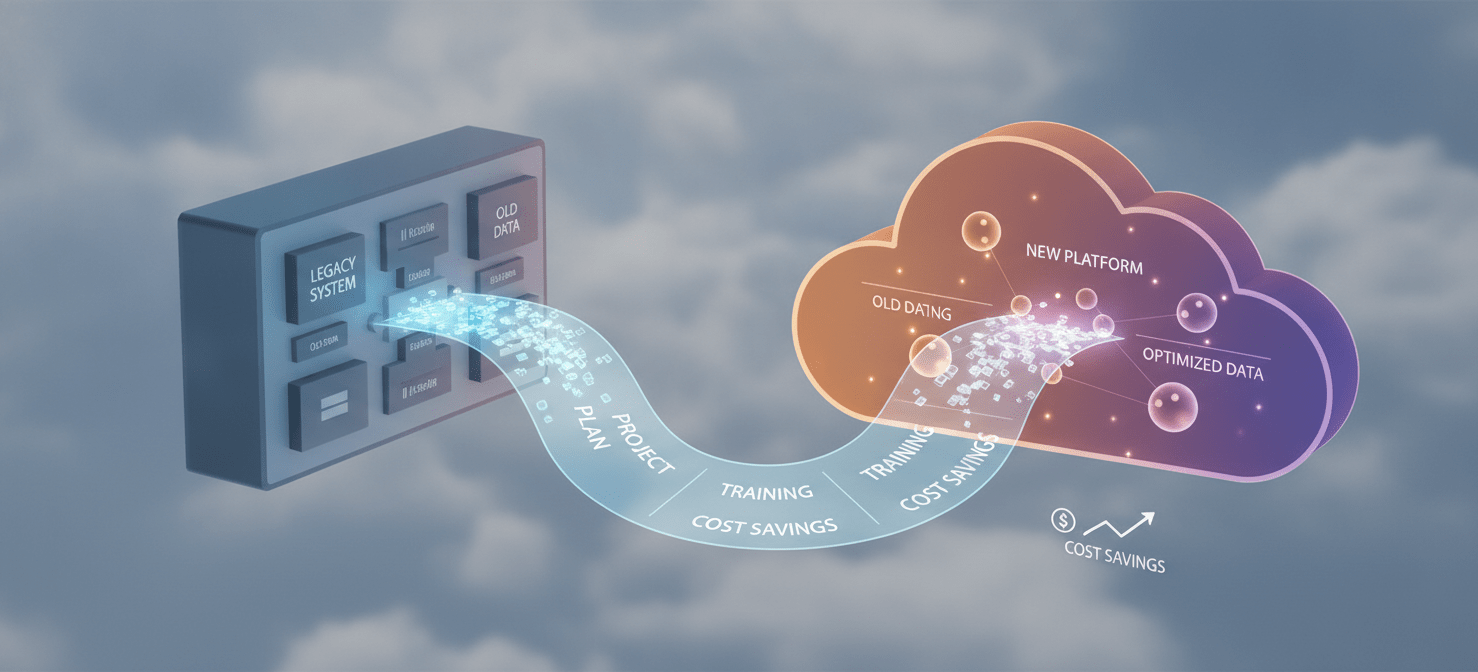 An illustration symbolizing a smooth and planned migration process from one SaaS vendor to another, highlighting the careful transfer of data and user adoption strategies for a seamless transition.