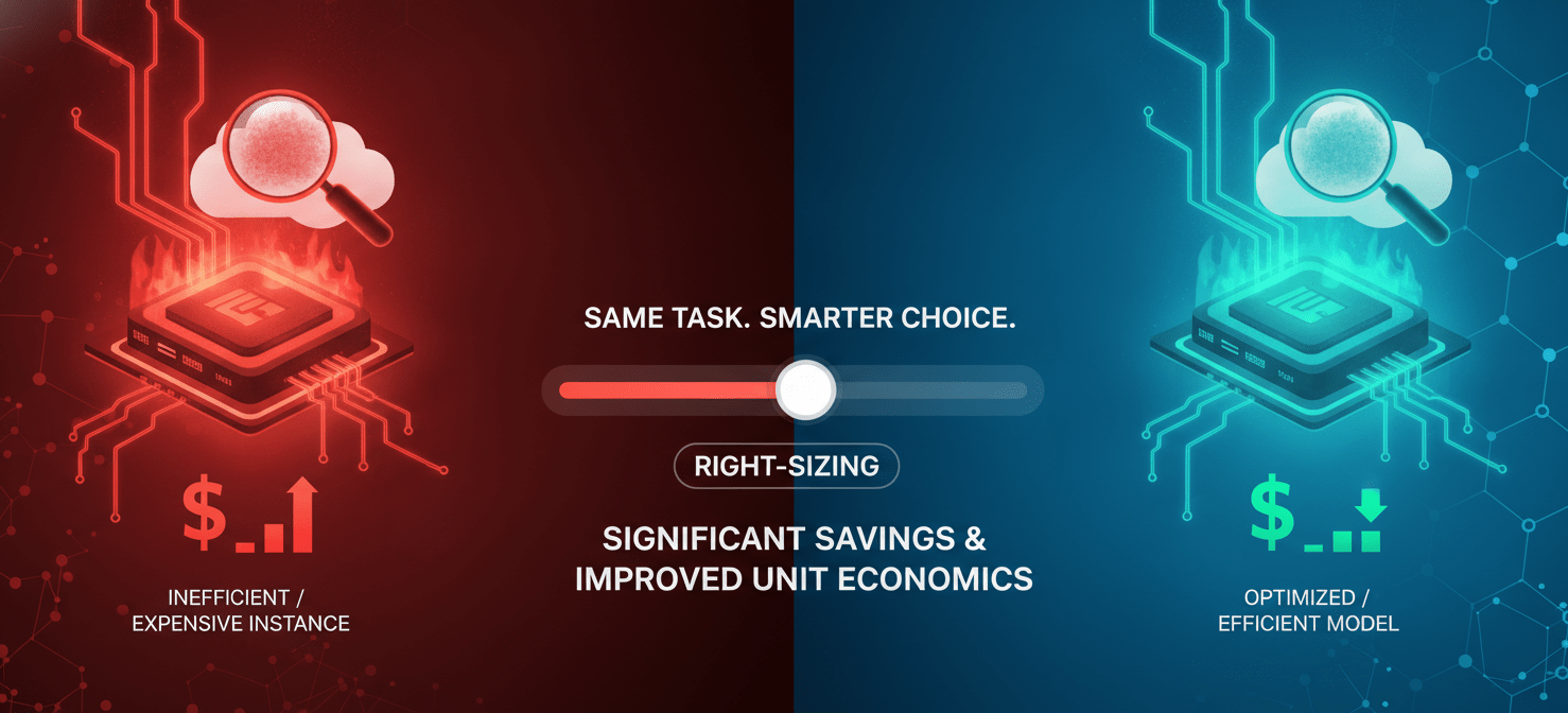 An illustration symbolizing AI cost optimization, contrasting an oversized, inefficient GPU instance or AI model with a smaller, right-sized, and more efficient alternative. Visual cues like a magnifying glass refining data prompts and a slider for resource adjustment emphasize strategies for reducing waste and improving the unit economics of AI workloads.