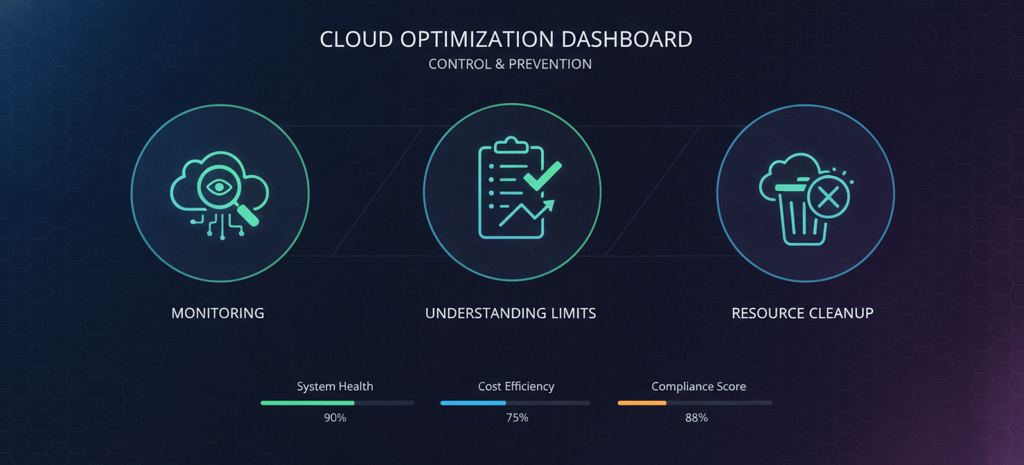 An illustration symbolizing best practices for managing cloud costs, featuring icons for continuous monitoring of resources, a checklist for understanding service limits, and a trash can for promptly cleaning up unused cloud instances and storage, all aimed at preventing unexpected charges.