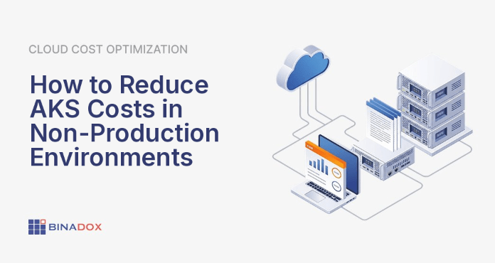 An illustration symbolizing strategies to reduce AKS dev environment cost, featuring a stylized Kubernetes cluster, a downward cost arrow, and a piggy bank, representing efficient resource management and significant savings in cloud infrastructure for development and testing.