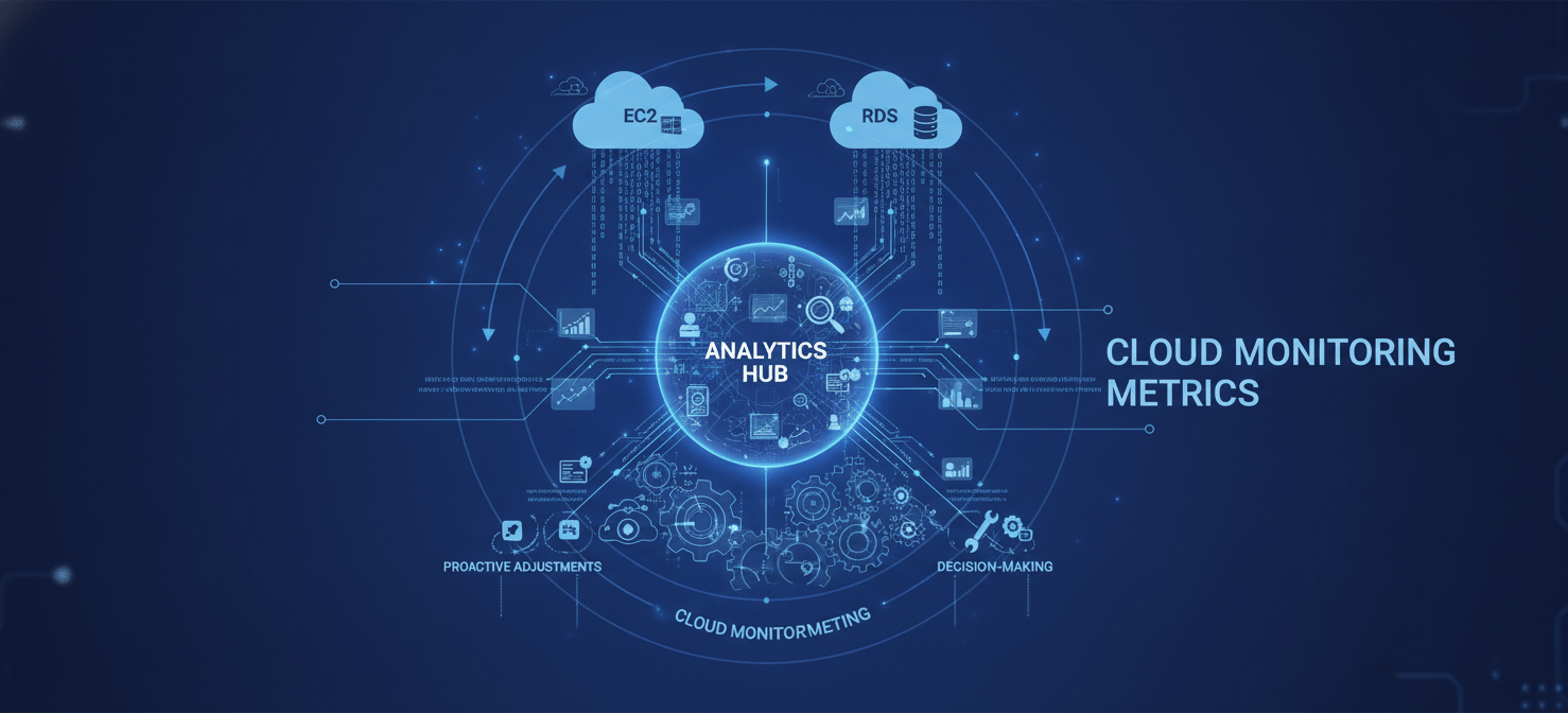 An illustration symbolizing the continuous cycle of analyzing cloud monitoring metrics, where data from EC2 and RDS leads to informed decisions and proactive adjustments, ensuring system reliability and cost-effectiveness through ongoing vigilance.