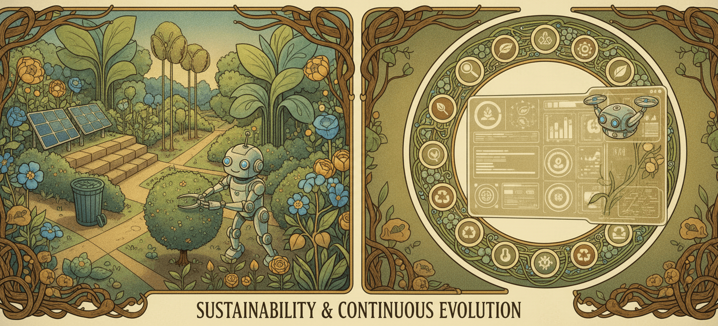 An illustration symbolizing the continuous maintenance of an optimized cloud monitoring environment, depicted as a well-tended digital garden. A small figure or robot is shown regularly pruning and organizing metrics, highlighting the importance of ongoing reviews and automation to prevent metrics sprawl from returning.