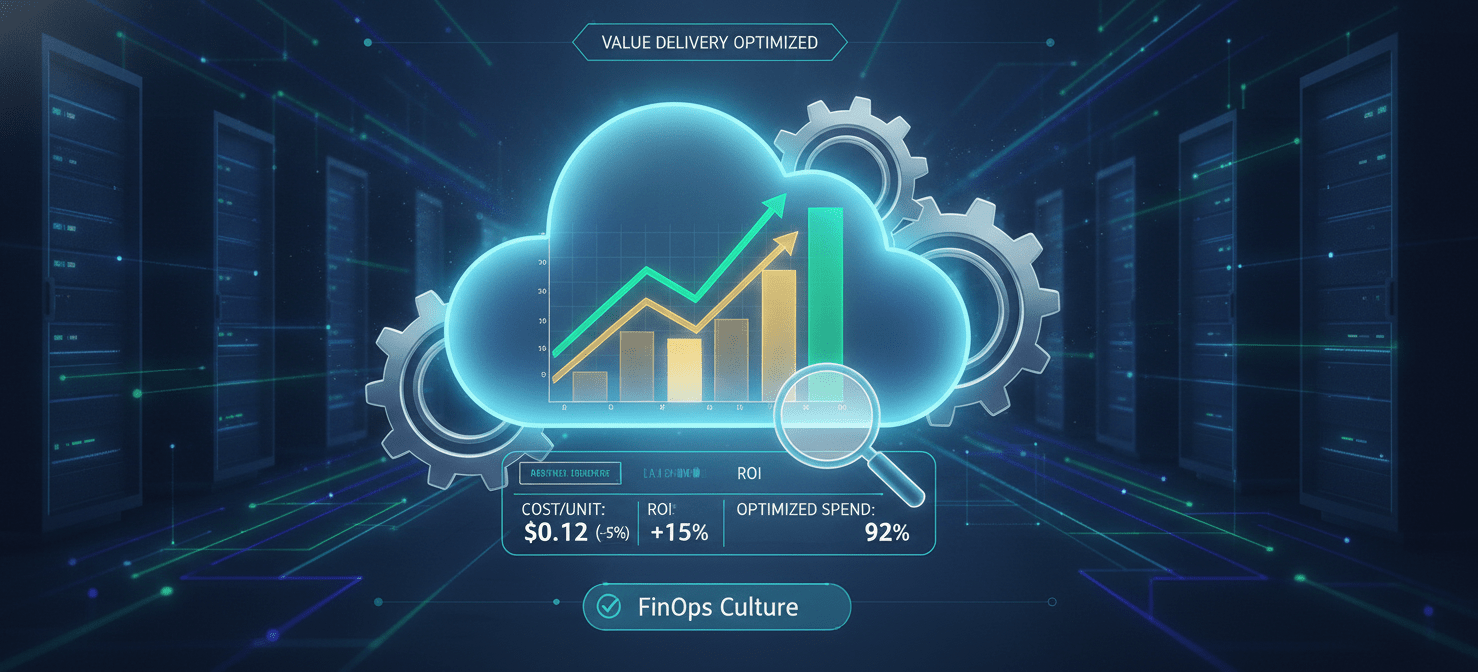 An illustration symbolizing the continuous process of effective cloud cost management, depicting financial control, optimized investment, and a proactive FinOps culture achieved through strategic use of Azure Management Groups.