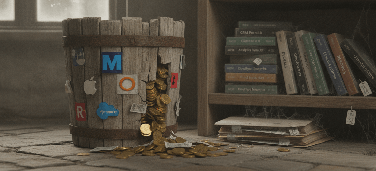 An illustration symbolizing the high cost of unmanaged subscriptions, showing money leaking from a bucket made of software logos, with unused licenses ('shelfware') and forgotten subscriptions representing direct financial waste and missed opportunities.