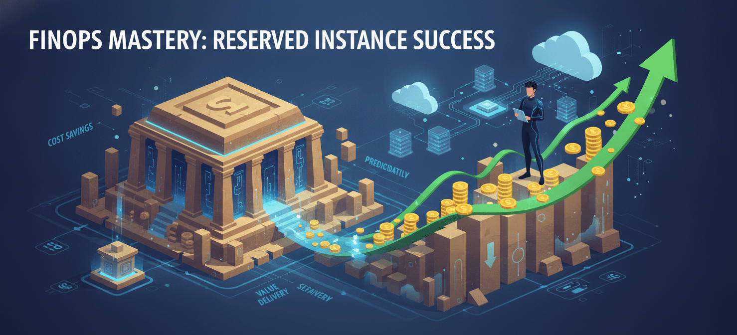 An illustration symbolizing the successful outcome of a mature FinOps Reserved Instance management strategy. It depicts a strong, stable financial foundation for cloud costs, with elements of significant cost savings, predictable spend, and strategic control. A FinOps professional is shown confidently managing an optimized cloud environment, highlighting the tangible business value delivered through proactive cost management.