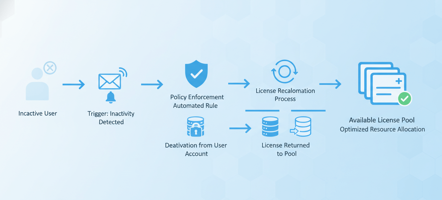 An illustration visualizing an automated license reclamation workflow. It shows an inactive user account triggering a notification to IT, followed by the license being successfully unassigned and returned to an available pool. This highlights the importance of a clear policy and automation for efficient license management and cost savings.
