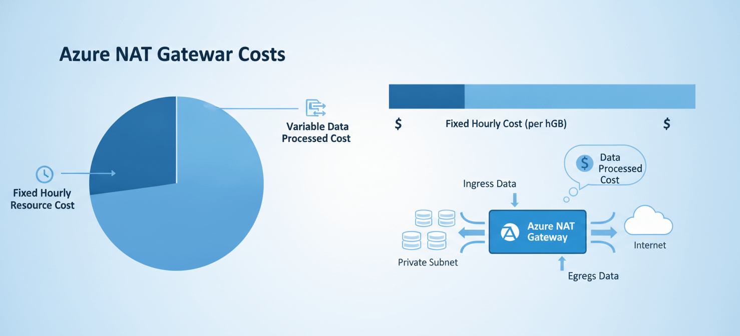 An illustration visually breaking down the two primary cost components of Azure NAT Gateway: a fixed hourly charge for the resource itself and a variable charge based on the volume of data processed, showing data flow contributing to the latter.