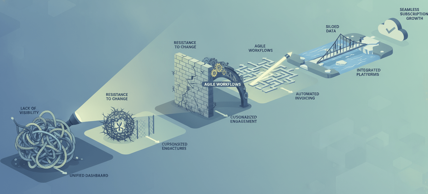 An illustration visually representing common challenges in managing software subscriptions, such as a lack of visibility into spending and user resistance to change, alongside symbolic solutions like centralized data platforms and collaborative communication strategies.