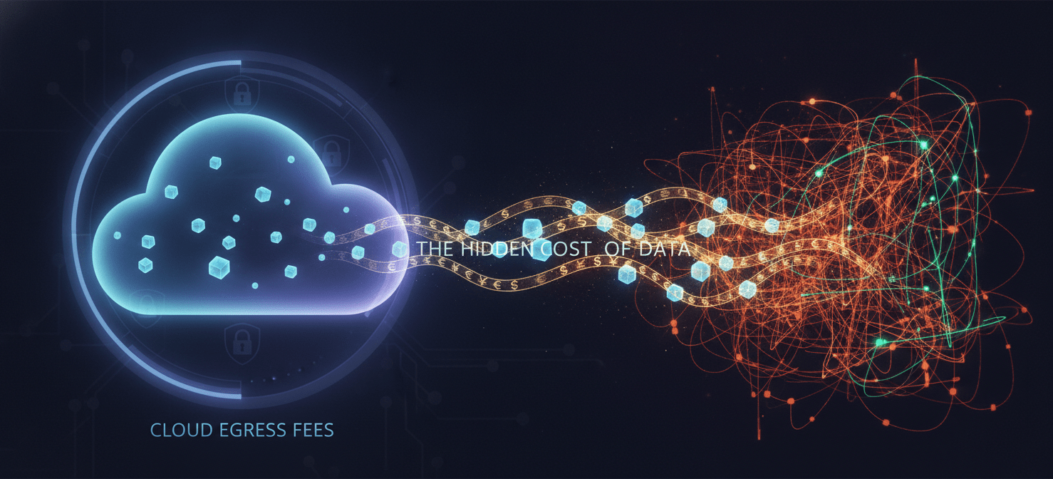 An illustration visually representing data packets exiting a cloud environment towards the public internet, with each packet subtly indicating a monetary cost upon egress, highlighting the often-overlooked and surprising expenses associated with data transfer fees.