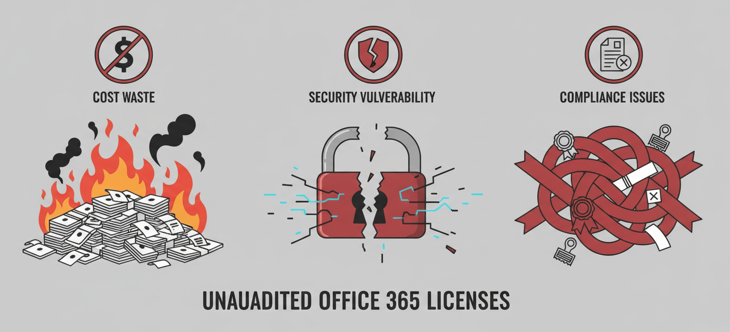An illustration visually representing the core problems addressed by license auditing: a stack of burning cash symbolizing wasted expenditure, a broken padlock indicating security vulnerabilities from unmanaged accounts, and a tangled knot of red tape representing compliance risks. This image highlights the critical reasons for regularly auditing Microsoft 365 licenses.