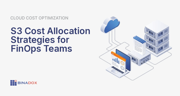 An illustrative diagram demonstrating effective S3 cost allocation strategies for FinOps teams, showing how raw S3 costs from various buckets are tagged, processed, and attributed to specific cost centers and projects on a FinOps dashboard.