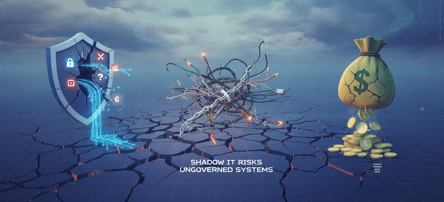 An illustrative diagram highlighting the critical problems caused by shadow IT, including fragmented security defenses with data leaks, wasted financial resources from redundant software subscriptions, and a tangled web symbolizing a lack of clear governance and accountability. The visual underscores how unsanctioned tools undermine an organization's security posture, financial health, and operational control.