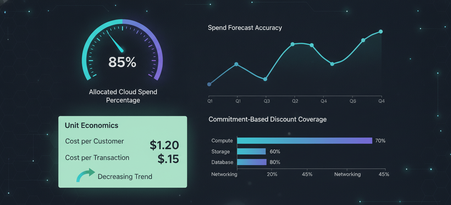 An illustrative FinOps KPI dashboard showcasing key metrics for cloud cost management. It features gauges for allocated spend, line charts for forecast accuracy, bar charts for commitment coverage, and a prominent display of unit economics like cost per customer, emphasizing value-driven financial performance.