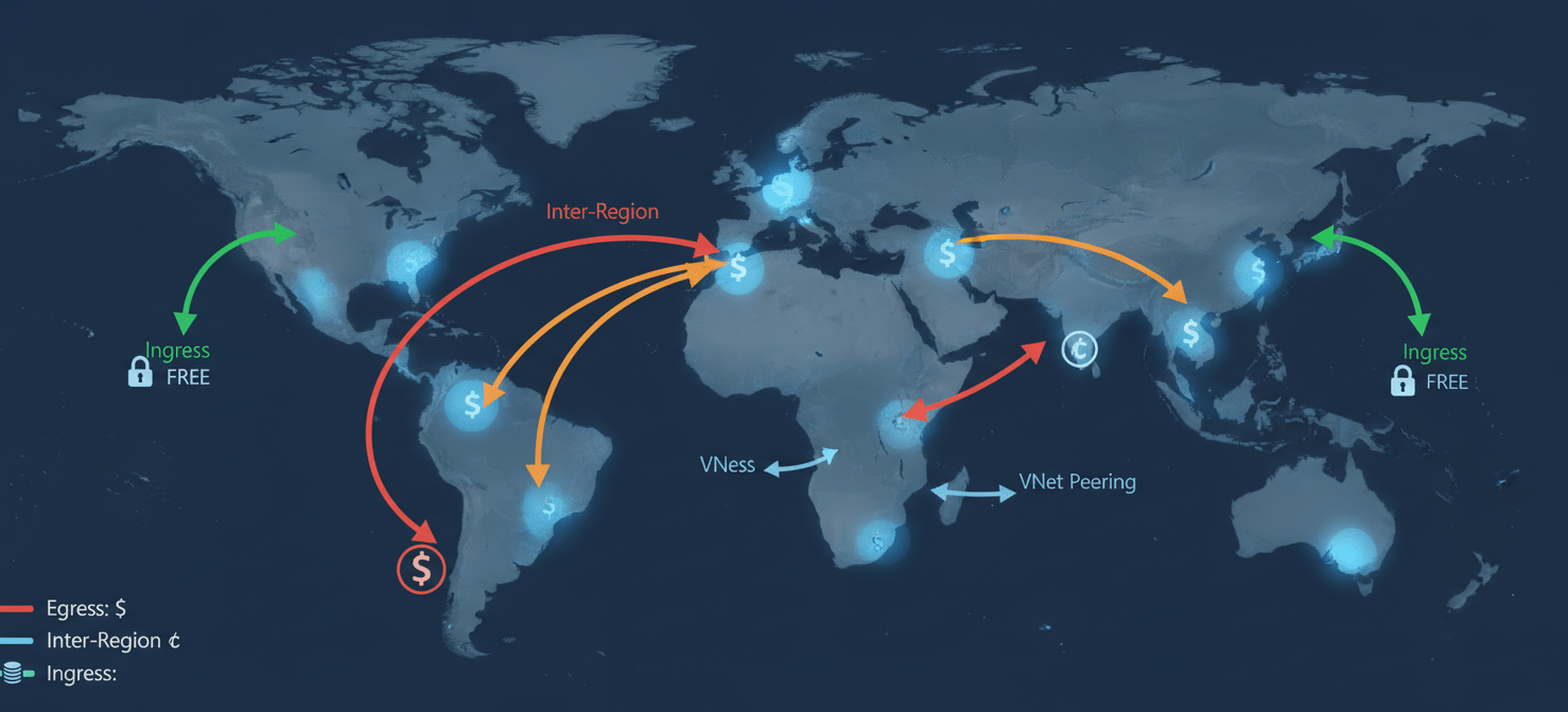 An illustrative world map demonstrating various Azure data transfer cost scenarios. It visually distinguishes between free data ingress, charged internet egress, inter-region transfers, and VNet peering, highlighting where data transfer fees apply and how they accumulate across different geographical boundaries.