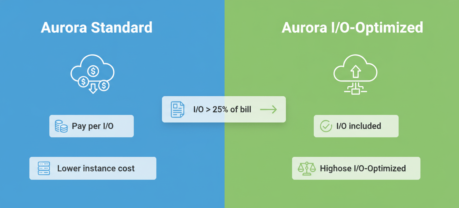 An infographic comparing Amazon Aurora Standard and I/O-Optimized storage configurations, highlighting their respective pricing models and ideal use cases. It shows that I/O-Optimized is beneficial when I/O costs exceed 25% of the total database bill.