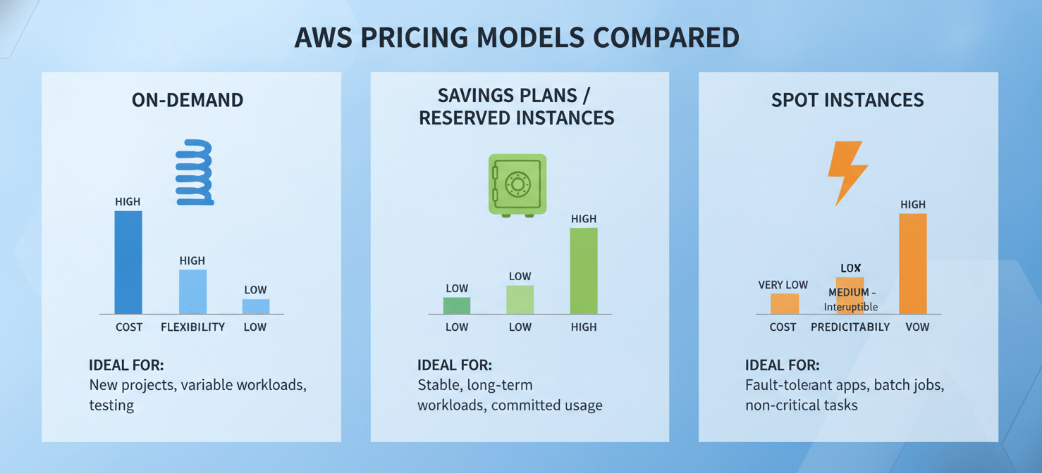 An infographic comparing AWS pricing models – On-Demand, Savings Plans/Reserved Instances, and Spot Instances – highlighting their respective cost, flexibility, and suitability for different workload types to guide engineering teams in optimizing cloud spend as part of effective AWS cost governance for engineering teams.