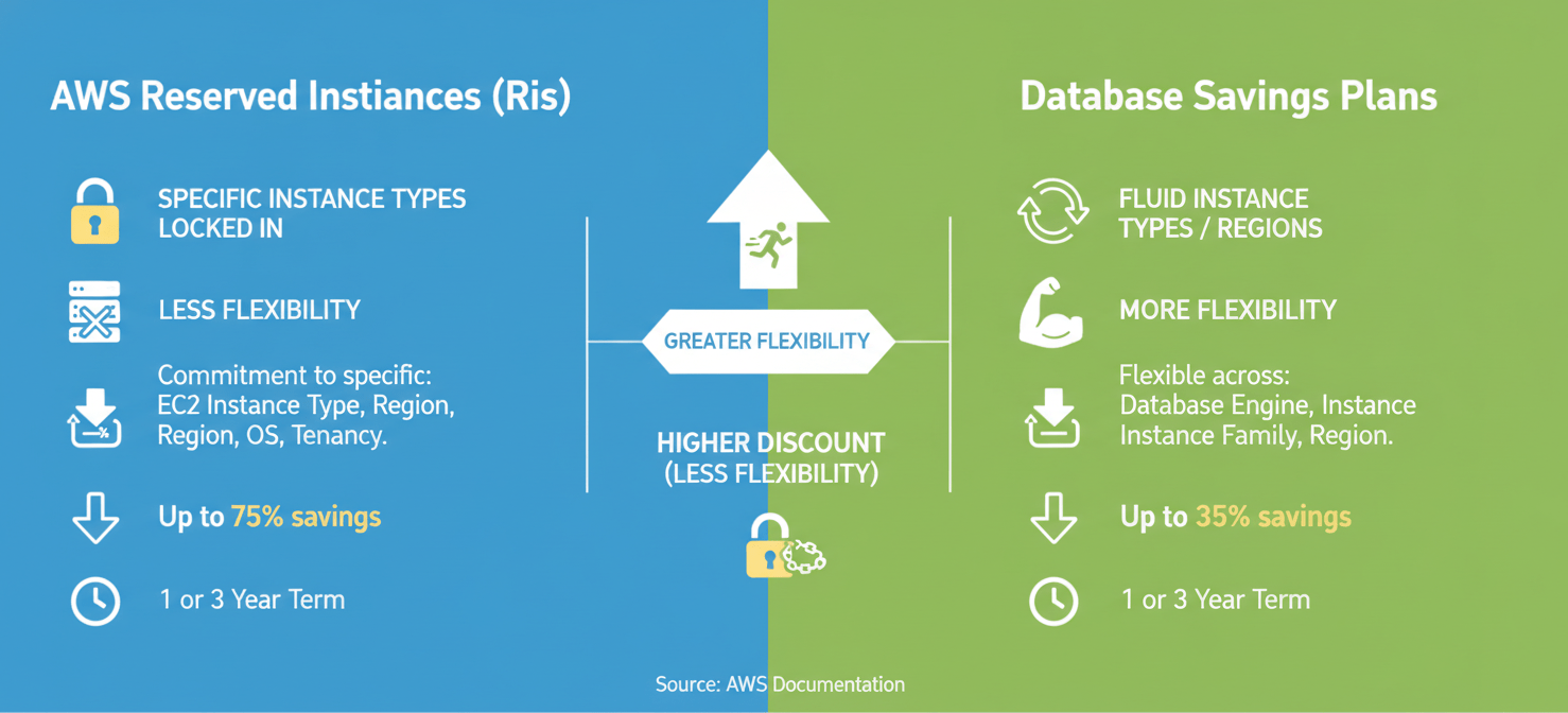 An infographic comparing AWS Reserved Instances and Database Savings Plans, highlighting how commitment-based models offer significant discounts for AWS Aurora cost optimization by providing flexibility across instance types and regions.