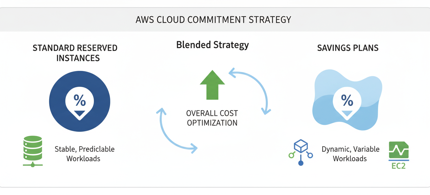 An infographic comparing AWS Reserved Instances and Savings Plans within a blended cloud cost strategy. Standard RIs are depicted as providing deep discounts for stable, predictable workloads, while Savings Plans offer flexibility and discounts for dynamic, variable compute usage, illustrating how both commitment types work together for maximum savings.
