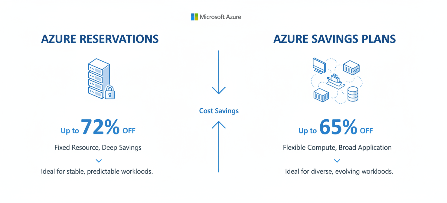 An infographic comparing Azure Reservations and Azure Savings Plans. Reservations are depicted with a single, dedicated server icon and a high discount, signifying commitment to specific resources. Savings Plans show multiple, flexible compute icons with a slightly lower but broader discount, illustrating adaptability across various workloads. This visual highlights strategies for optimizing azure cloud budget management through commitment-based discounts.