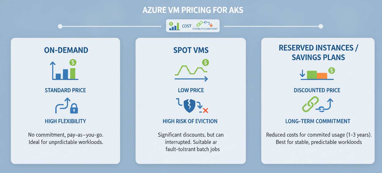 An infographic comparing Azure's virtual machine pricing models: On-demand for flexibility, Spot VMs for significant discounts on interruptible workloads, and Reserved Instances or Savings Plans for long-term cost savings.
