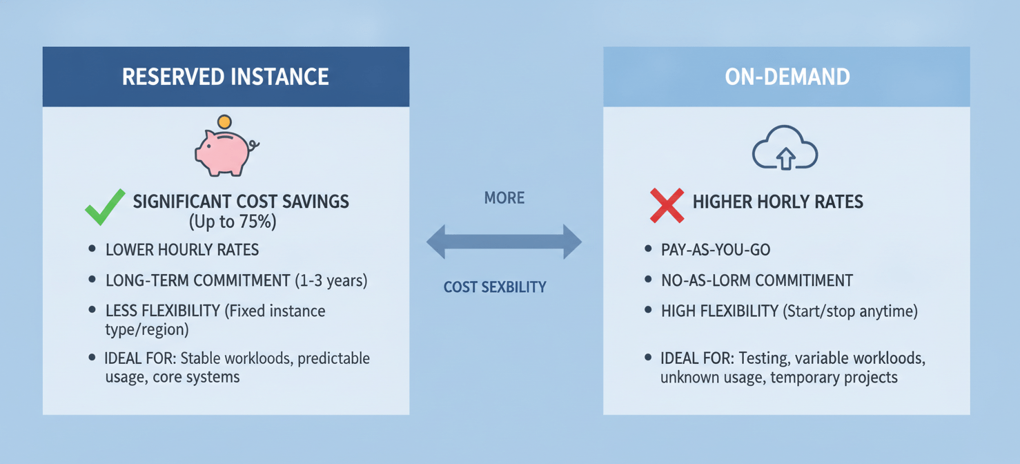 An infographic comparing Reserved Instance and On-Demand pricing models, visually representing the trade-offs between cost savings and flexibility, commitment levels, and suitable workload types for each option.