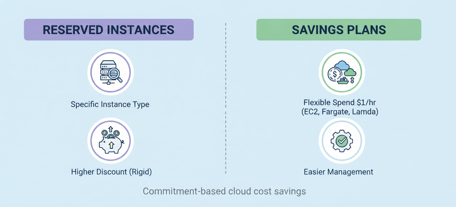 An infographic comparing Reserved Instances and Savings Plans, highlighting key differences. Reserved Instances are shown with specific instance types, capacity reservation, and higher but rigid discounts. Savings Plans are depicted with flexible hourly spend, broad coverage across EC2, Fargate, and Lambda, and easier management.