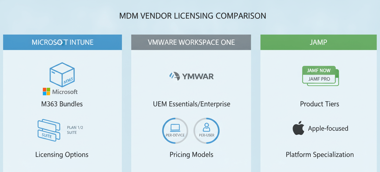 An infographic comparing the licensing structures of leading MDM vendors: Microsoft Intune, VMware Workspace ONE, and Jamf. Each section highlights their typical plans, bundling options, and device focus, providing a visual overview of their pricing models.