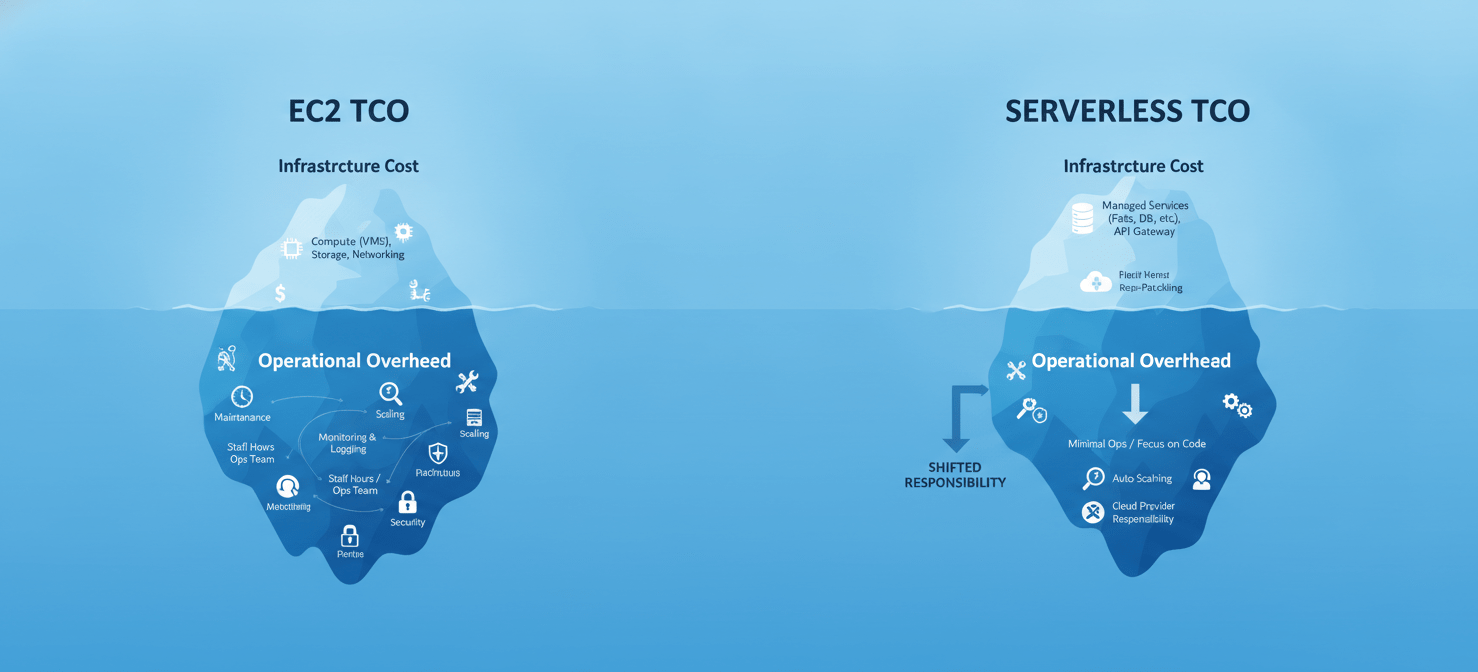 An infographic comparing the Total Cost of Ownership (TCO) for serverless and EC2 architectures, depicted as icebergs. The EC2 iceberg shows a visible infrastructure cost with a large submerged operational overhead. The serverless iceberg shows a potentially higher visible infrastructure cost (due to managed services) but a significantly smaller submerged operational overhead, illustrating the reduction in management burden.