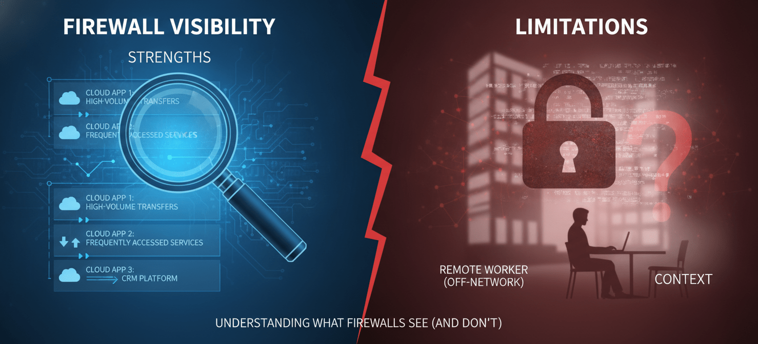 An infographic contrasting the strengths and limitations of using firewall logs for shadow IT discovery. Strengths include identifying high-volume transfers and frequently accessed services. Limitations highlight blind spots like encrypted traffic, remote worker activity outside the corporate network, and a lack of granular contextual detail.