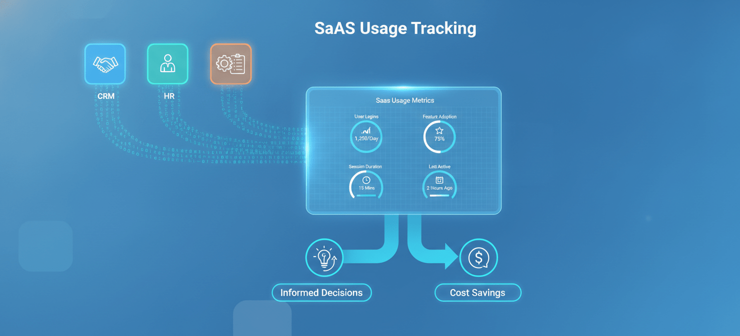 An infographic depicting the process of SaaS usage tracking, showing data flowing from various applications into a central dashboard that visualizes user logins, feature adoption, and session duration, leading to informed decisions and cost savings.