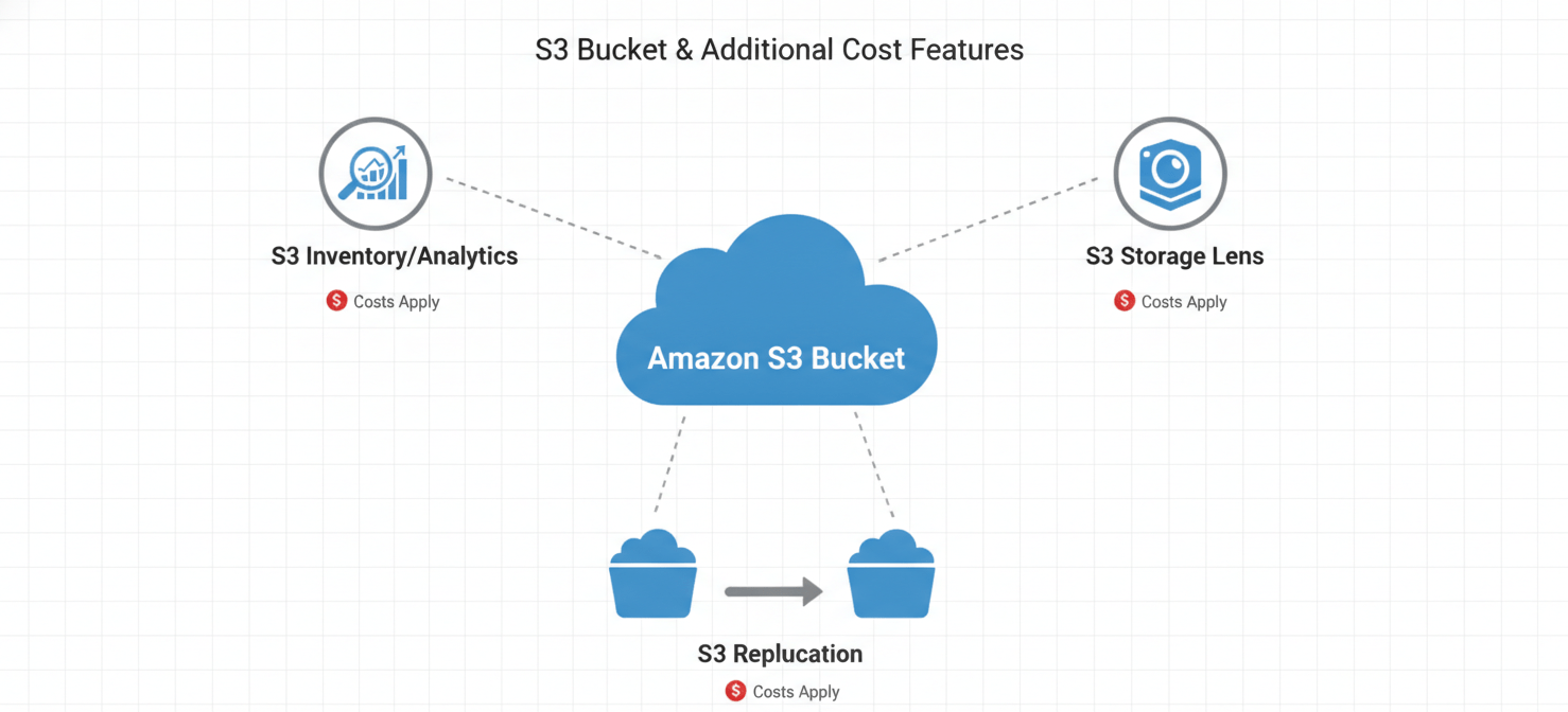 An infographic detailing additional AWS S3 costs beyond core storage, transfer, and requests. It illustrates charges for management and analytics features like S3 Inventory, S3 Analytics, S3 Storage Lens, and the costs associated with S3 Replication, including storage for duplicates and inter-region data transfer fees.