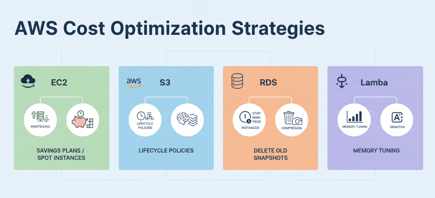 An infographic detailing specific cost control strategies for key AWS services. It features sections for Amazon EC2 (rightsizing, Savings Plans), Amazon S3 (lifecycle policies, Intelligent-Tiering), Amazon RDS (stopping non-production instances, snapshot management), and AWS Lambda (memory optimization, Graviton processors). Each section uses relevant icons to visually represent the recommended actions for reducing costs within that service.