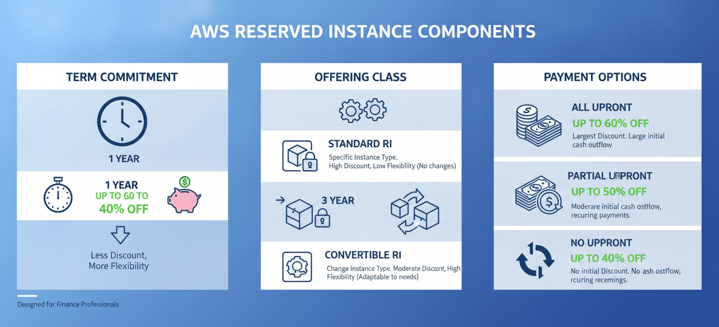 An infographic detailing the fundamental components of AWS Reserved Instances. It visually explains the impact of term commitment (1-year vs. 3-year), offering class (Standard vs. Convertible RIs with their respective flexibility and discount levels), and payment options (All Upfront, Partial Upfront, No Upfront) on overall cost and financial strategy, crucial for procurement and finance teams.