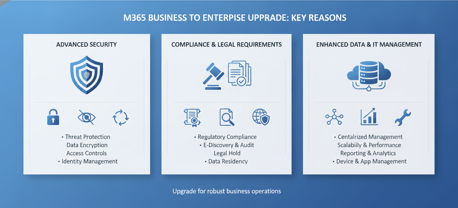 An infographic detailing the primary reasons for upgrading Microsoft 365 licenses, visually separating 'Advanced Security' with layered shields, 'Compliance and Legal Requirements' with legal documents and a gavel, and 'Enhanced Data and IT Management' with server racks and cloud symbols. Each section highlights the increased capabilities and necessity for businesses outgrowing their current M365 Business plans.