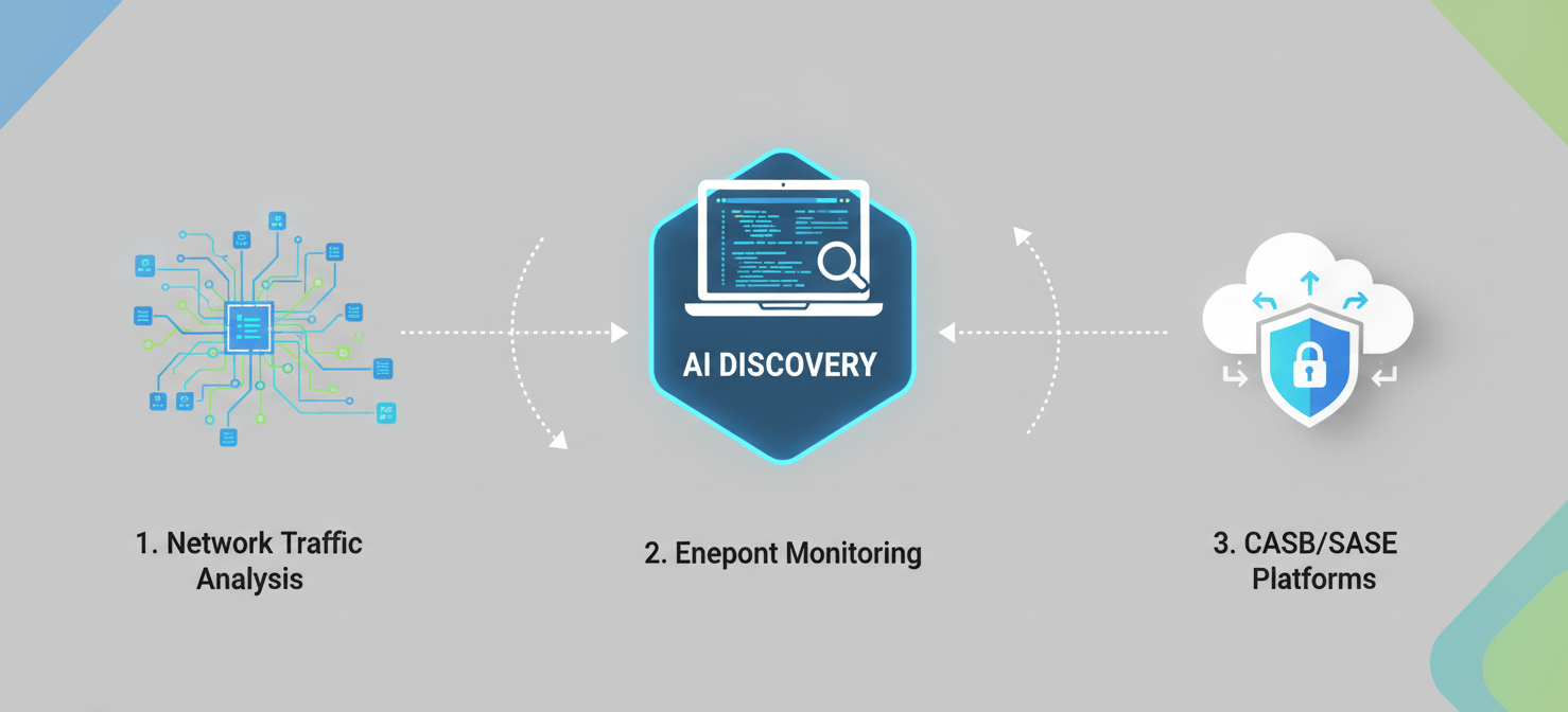 An infographic detailing the three primary methods for discovering shadow AI: network traffic analysis monitoring data flows, endpoint monitoring tracking device activity, and Cloud Access Security Brokers (CASBs) overseeing cloud application usage, all contributing to a comprehensive visibility strategy.