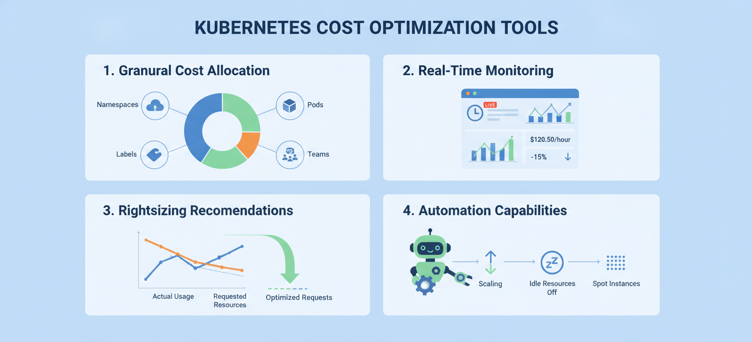 An infographic highlighting essential features of Kubernetes cost optimization tools, including granular cost allocation by Kubernetes objects, real-time monitoring dashboards, intelligent rightsizing recommendations based on historical usage, and advanced automation capabilities for continuous savings.
