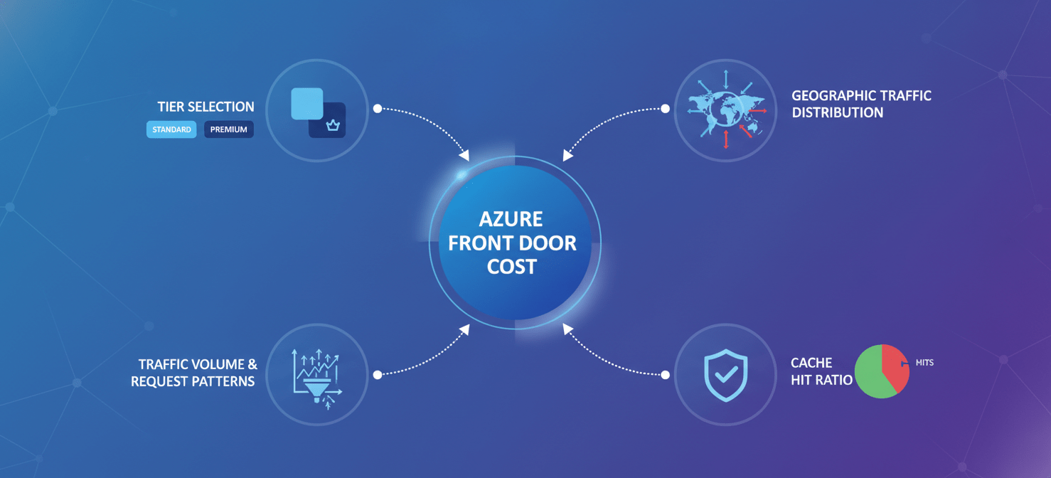 An infographic highlighting the primary variables that impact Azure Front Door costs, including the choice between Standard and Premium tiers, the geographic distribution of user traffic, the total volume of data and number of requests, and the effectiveness of the cache hit ratio. Each factor is shown influencing the overall monthly expenditure.
