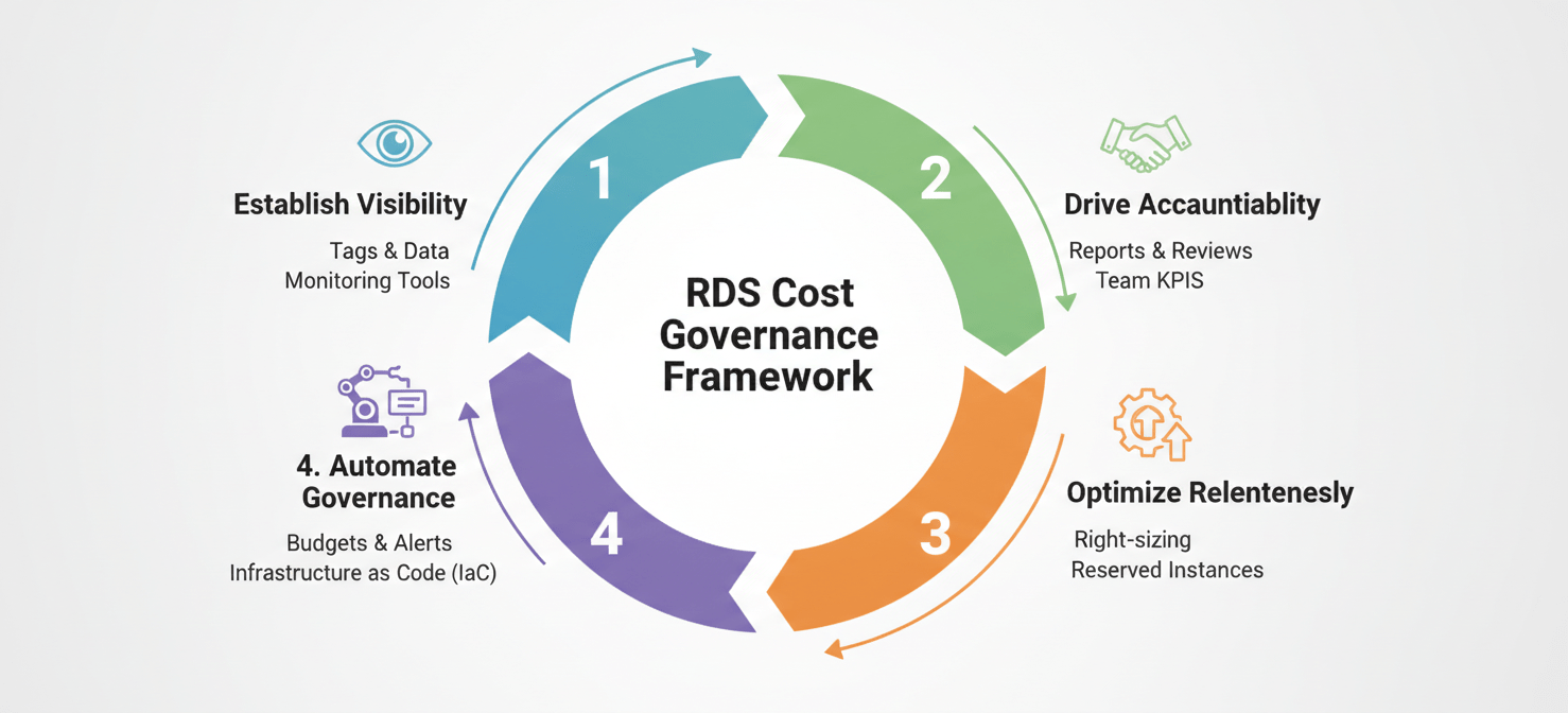 An infographic illustrating a 4-step cyclical framework for effective RDS cost governance. The steps are: 1. Establish Visibility (represented by an eye and data tags), 2. Drive Accountability (represented by a report and team collaboration), 3. Optimize Relentlessly (represented by gears and a downward cost arrow), and 4. Automate Governance (represented by a robot or automated workflow). This diagram provides a structured approach for engineering managers to continuously manage and reduce cloud database spending.