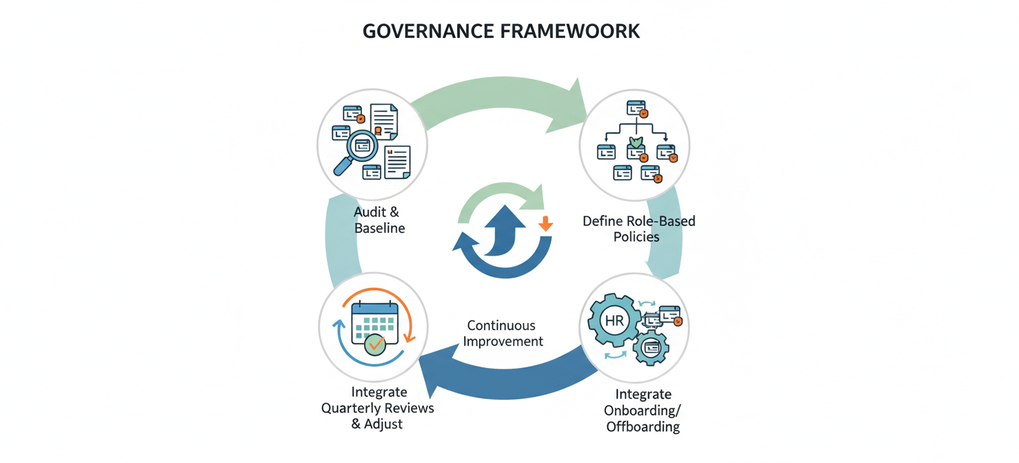 An infographic illustrating a 4-step governance framework for M365 license management: Audit and Establish a Baseline, Define Role-Based Access Policies, Integrate with Onboarding and Offboarding, and Conduct Quarterly Reviews and Adjust. This cyclical process emphasizes continuous optimization and control over license allocation.