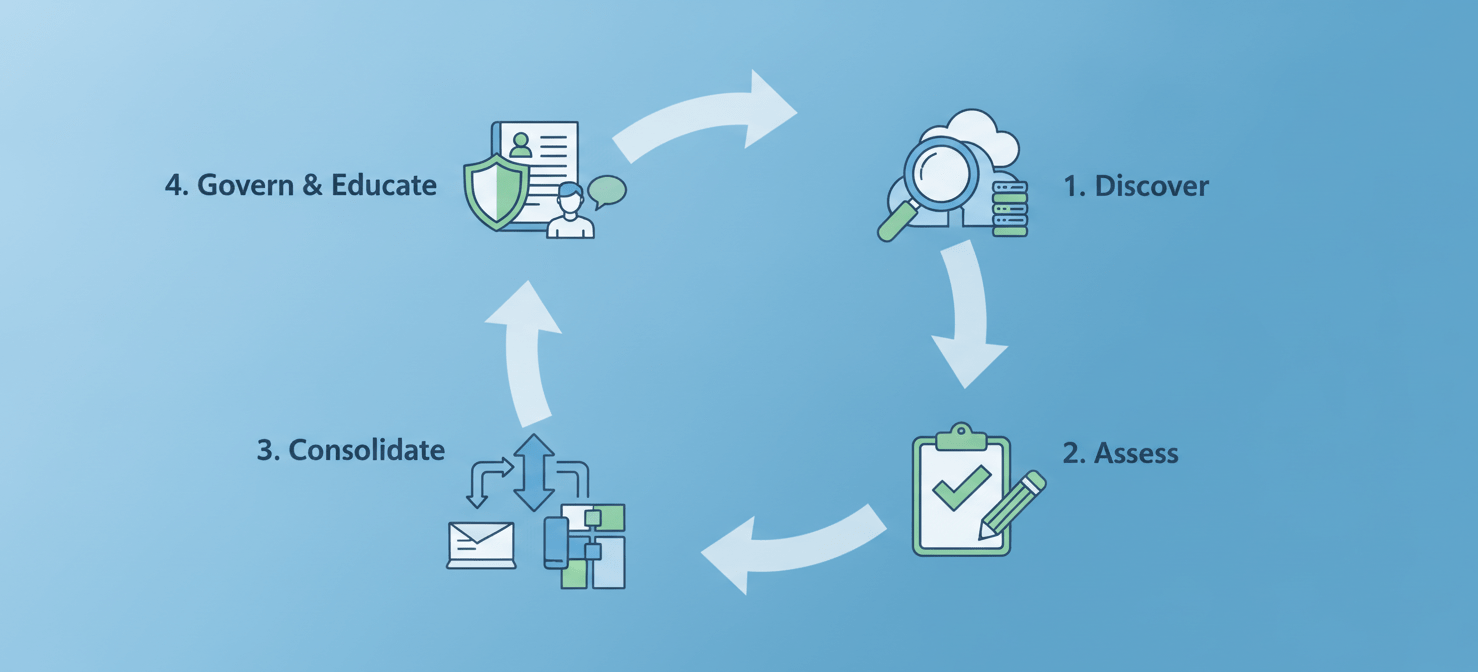 An infographic illustrating a 4-step strategy to manage and eliminate shadow IT. The steps are: Discover and Inventory Everything, Assess and Analyze risks, Consolidate and Standardize applications, and Govern and Educate teams. This systematic approach helps organizations regain control over their technology landscape.