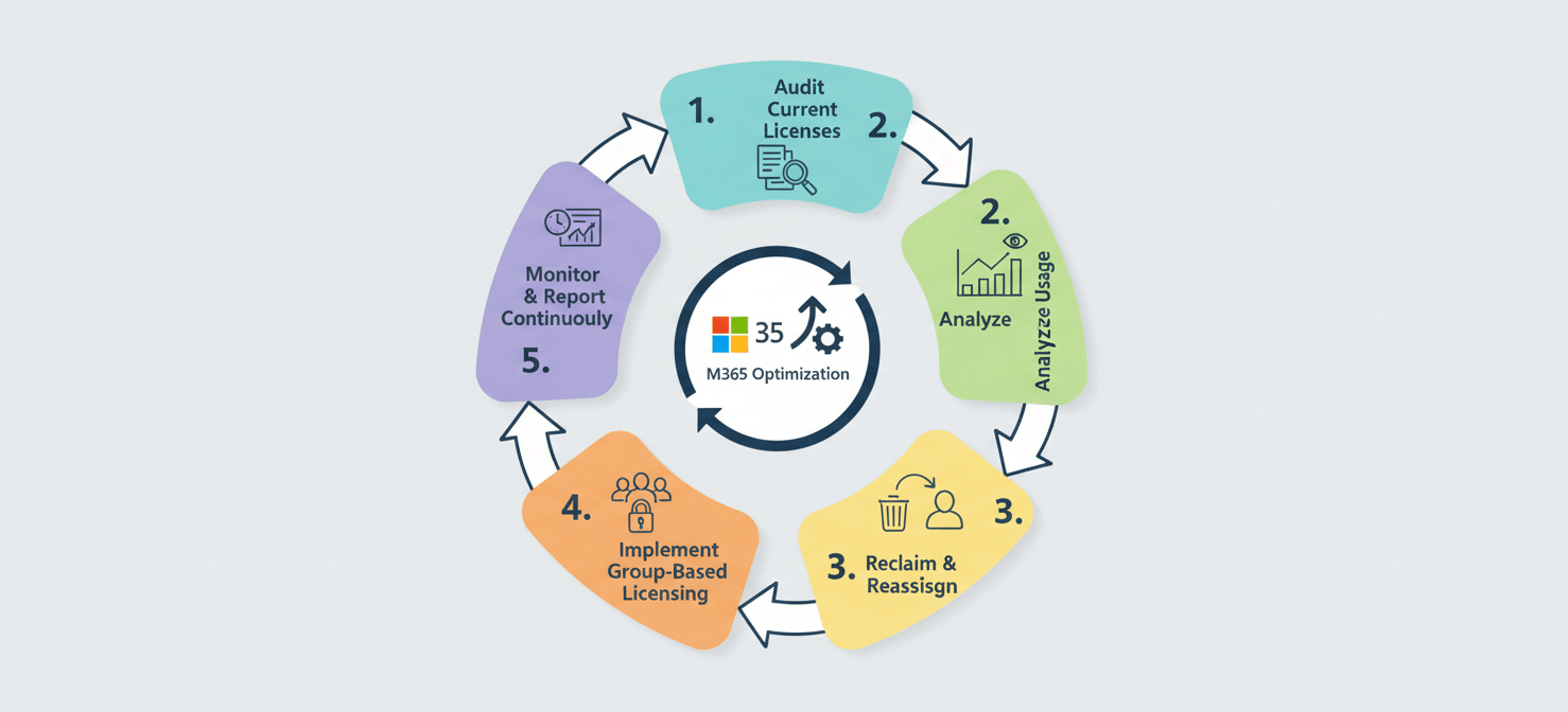 An infographic illustrating a 5-step process for effective Microsoft 365 license management, including auditing current licenses, analyzing usage, reclaiming and reassigning, implementing group-based licensing, and continuous monitoring and reporting.
